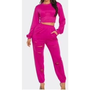 Love J Boutique NWT fuchsia hot pink sweatpants 2 piece set S distressed jogger